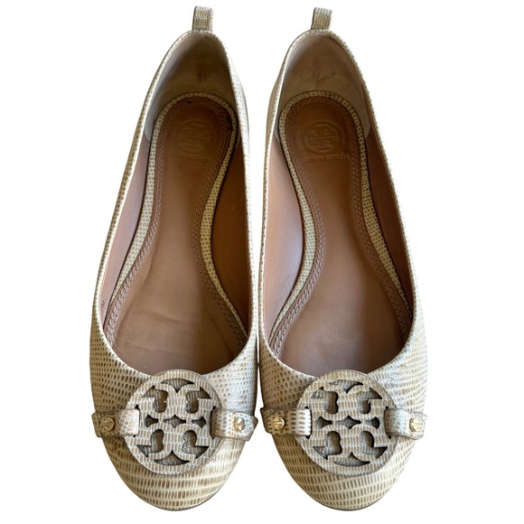 $298 TORY BURCH Mini Miller Lizard Embossed Leather Logo Ballet Flats Tan 7M EUC - Picture 1 of 11
